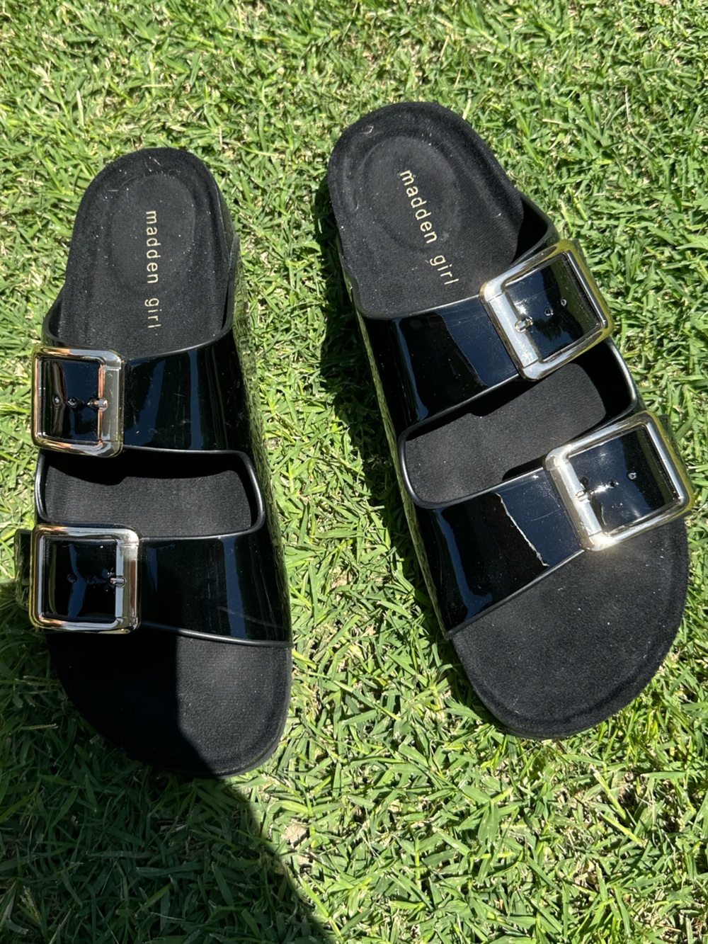 Madden Girl Black Patent Double Buckle Slides with Silver Hardware
